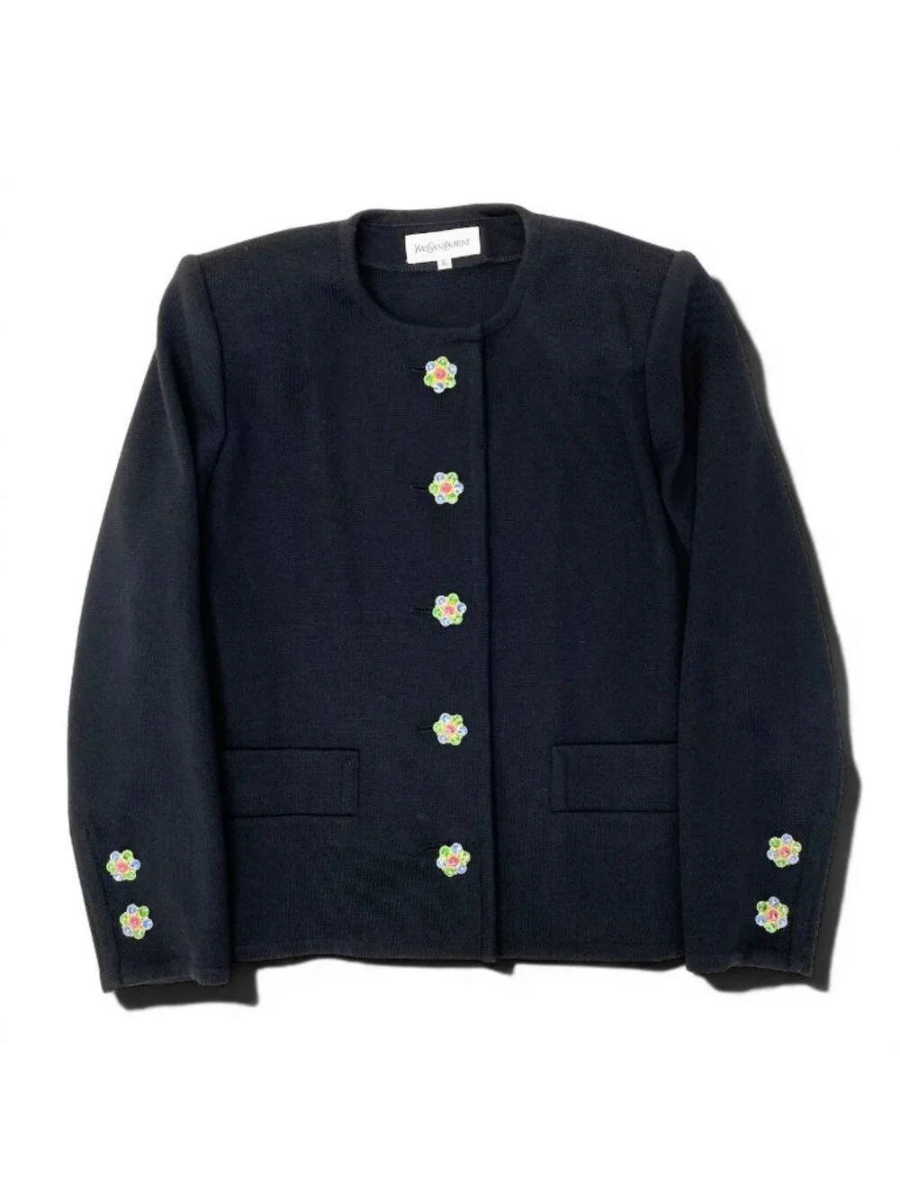 Saint Laurent Bijou Button Collarless Knit Jacket Black Wool